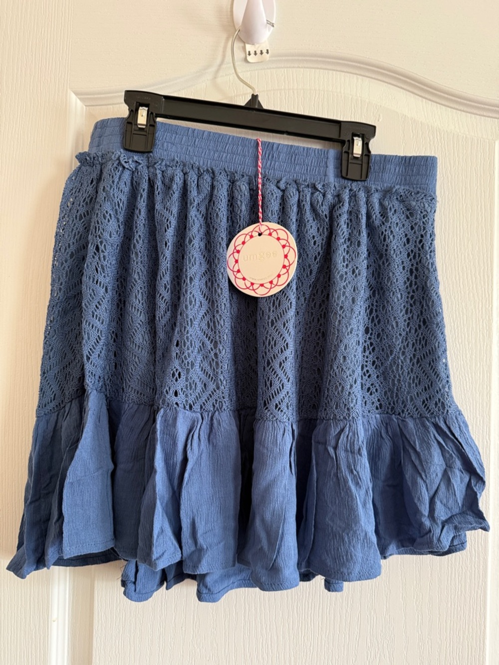 Umgee Denim Blue Crochet Tiered Ruffle Mini Skirt